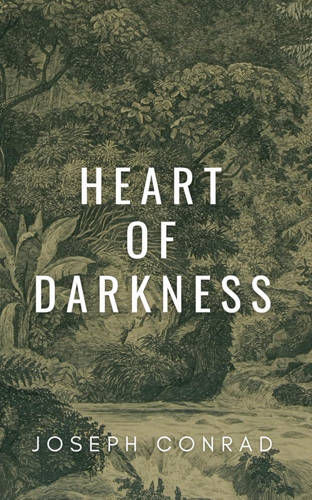 Cover of Heart of Darkness by Joseph Conrad: a sepia engraving of dense, tangled jungle with the title set in bold white capitals.