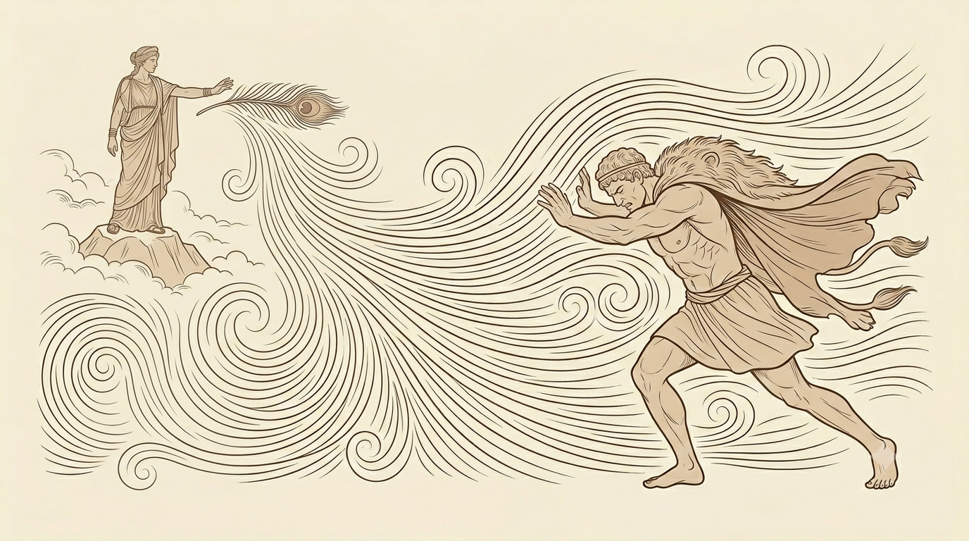 A line illustration in an antique sepia palette. At left, the goddess Hera stands on a cloud-wreathed rock, reaching out a peacock feather. At right, a muscular hero in a lion's-skin cloak leans hard into a vast field of flowing, swirling lines that stream toward him from Hera, bracing himself against the current as he strides forward.