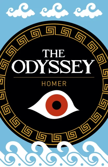 Cover of The Odyssey by Homer — a black disc with a Greek-key border and a single red-irised eye, on a sky-blue ground with stylized waves.