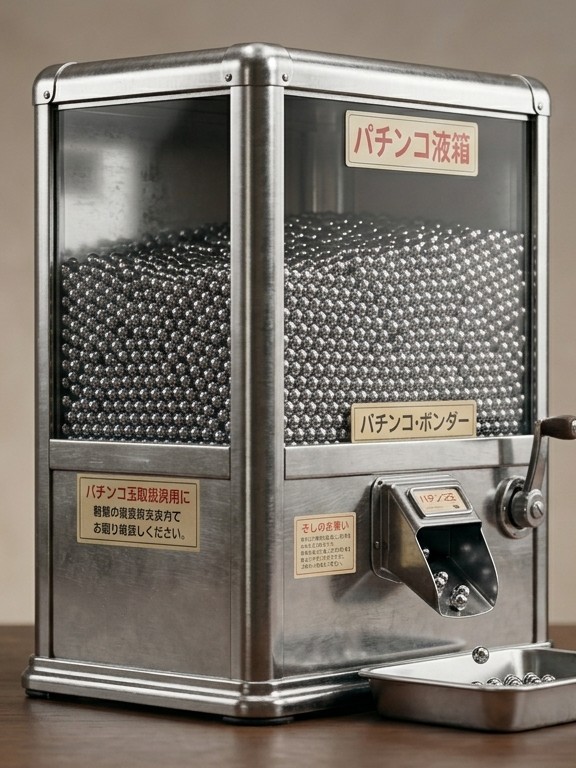 A polished steel pachinko ball-renting machine: a glass hopper brimming with steel balls above a hand-crank dispenser and a catch tray, its panels labeled in Japanese (パチンコ液箱).