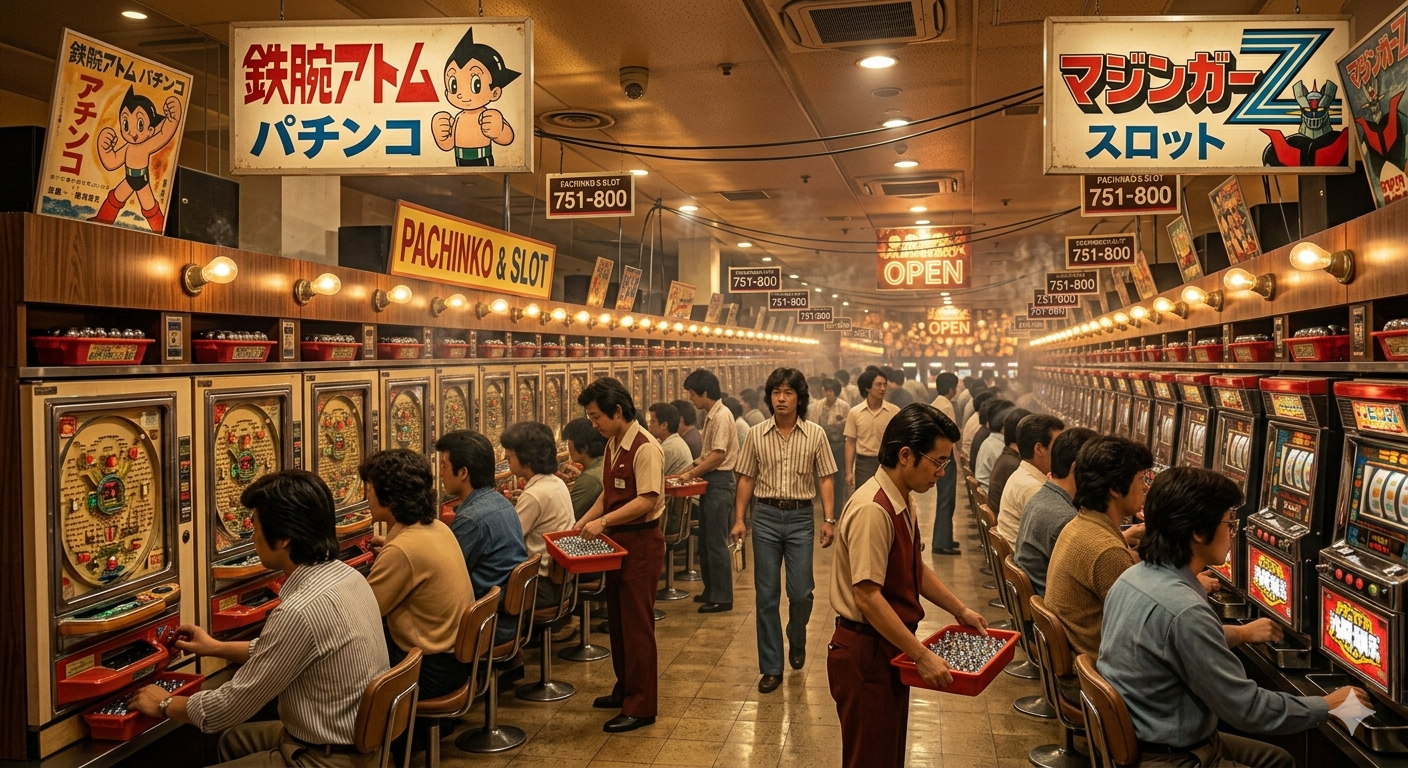 A crowded boom-era pachinko parlor: long rows of machines, players seated under hanging lights and vintage signage, staff carrying red trays of steel balls through a smoky hall.