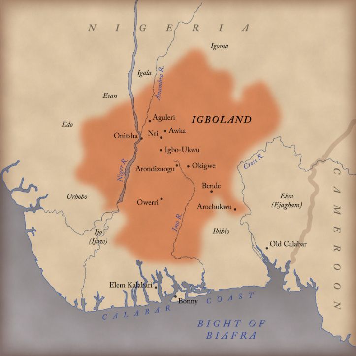 A historical-style map of Igboland in the lower Niger River region of southeastern Nigeria — the Igbo cultural area shaded in terracotta, with towns including Onitsha, Awka, Owerri, Arochukwu and Bonny, bordered by Nigeria to the north and Cameroon to the east, opening onto the Bight of Biafra.